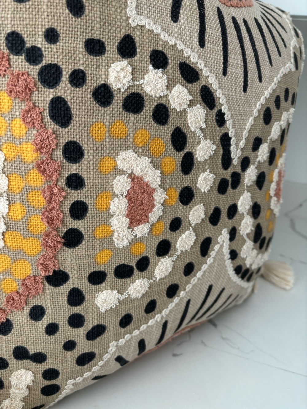 Bohemian Tassled Throw Pillow Mixed Textiles Cream Black Terra Cotta 19x19 Decor - Picture 2 of 12